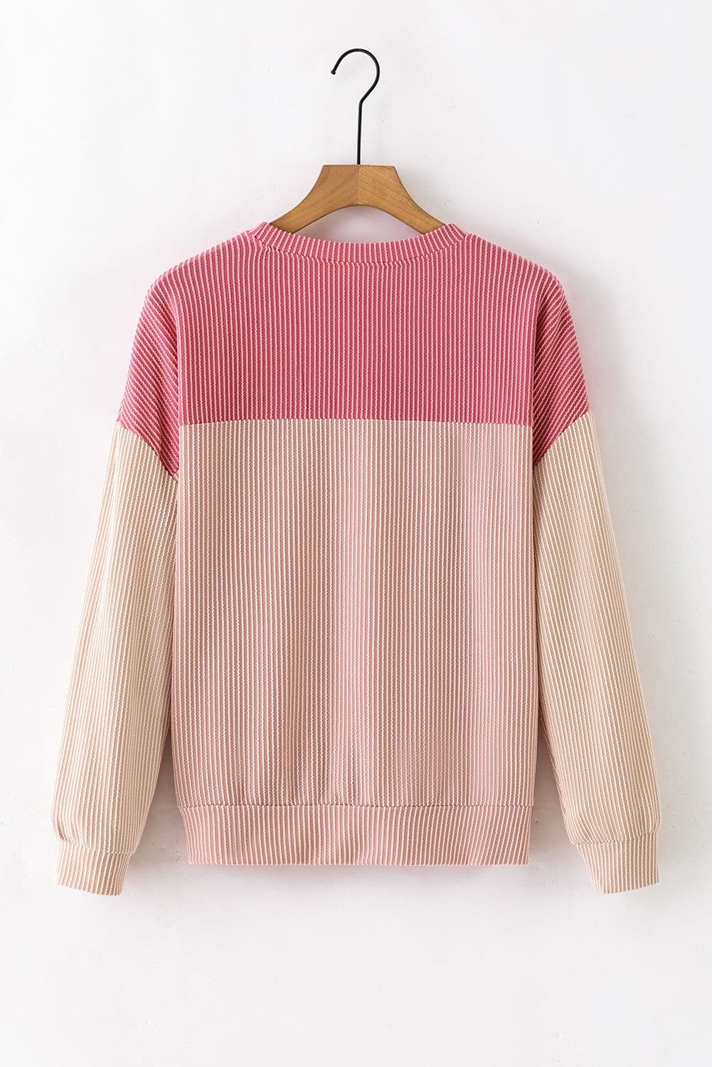 image-Pink Color Block Long Sleeve Ribbed Loose Top