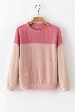 image-Pink Color Block Long Sleeve Ribbed Loose Top