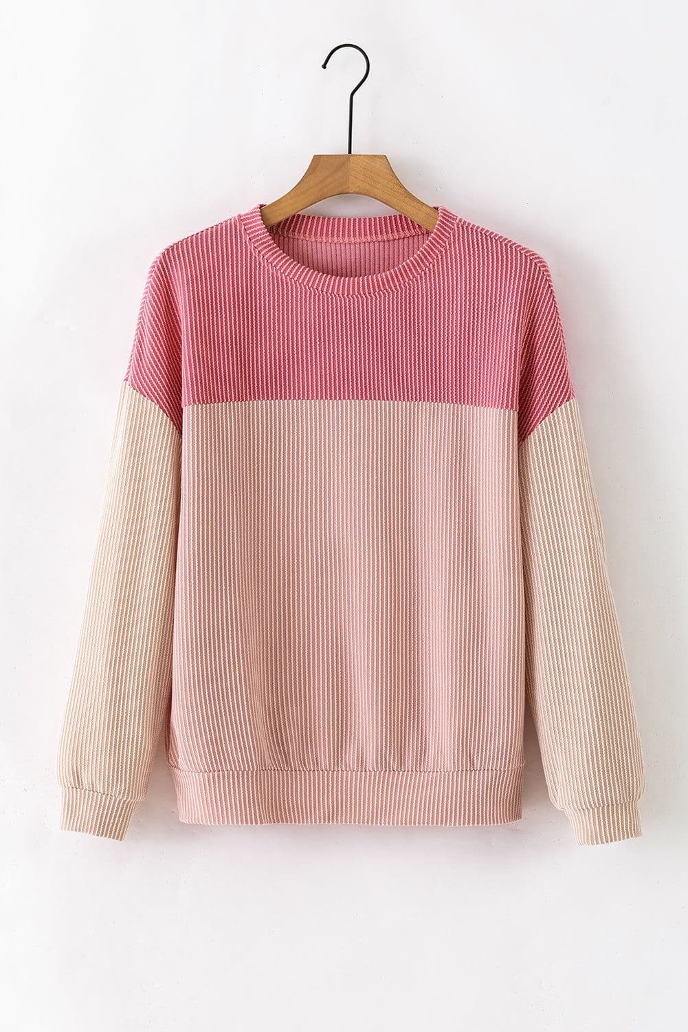 image-Pink Color Block Long Sleeve Ribbed Loose Top