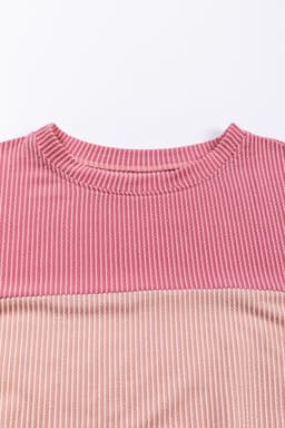 image-Pink Color Block Long Sleeve Ribbed Loose Top