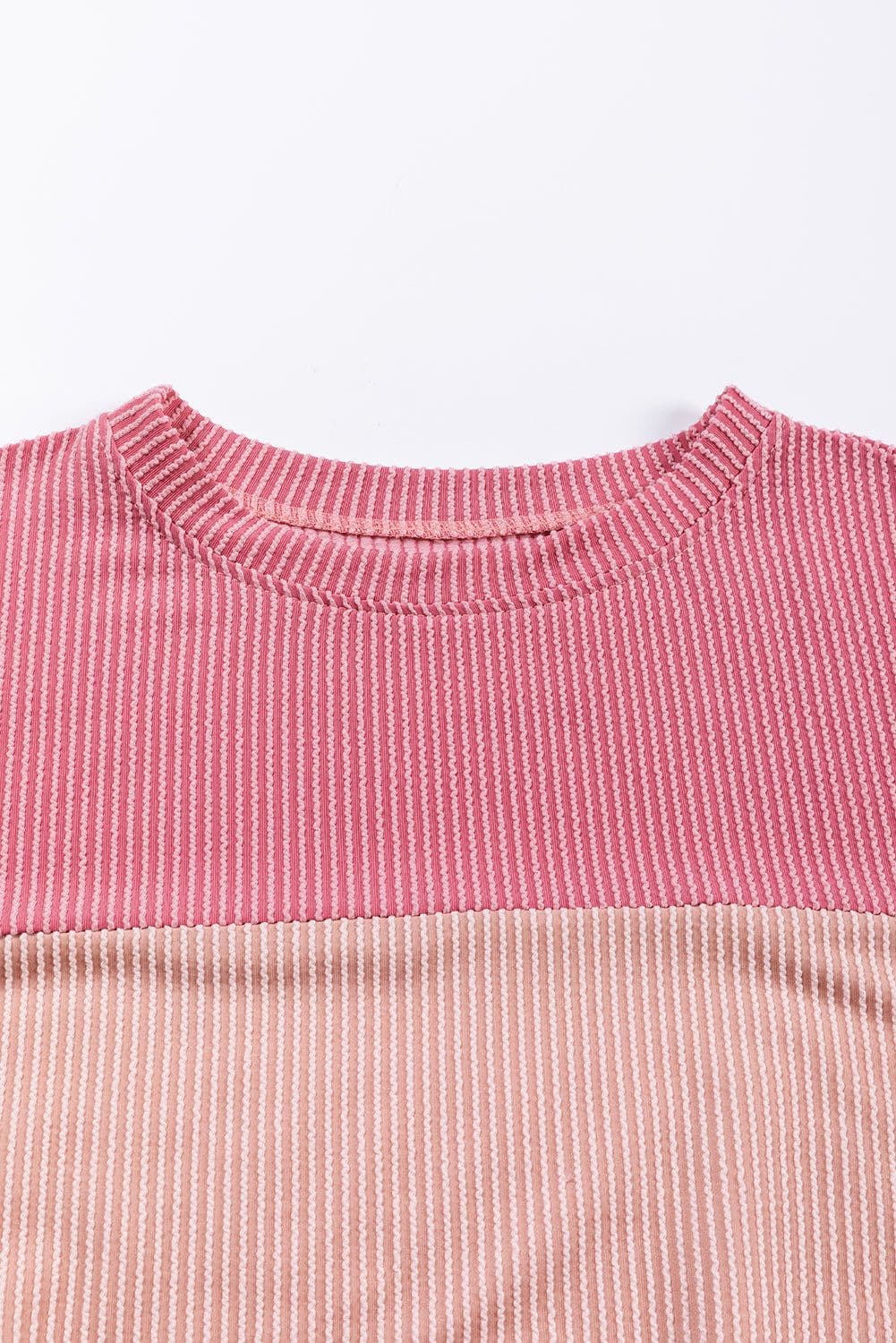 image-Pink Color Block Long Sleeve Ribbed Loose Top