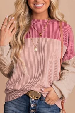 image-Pink Color Block Long Sleeve Ribbed Loose Top