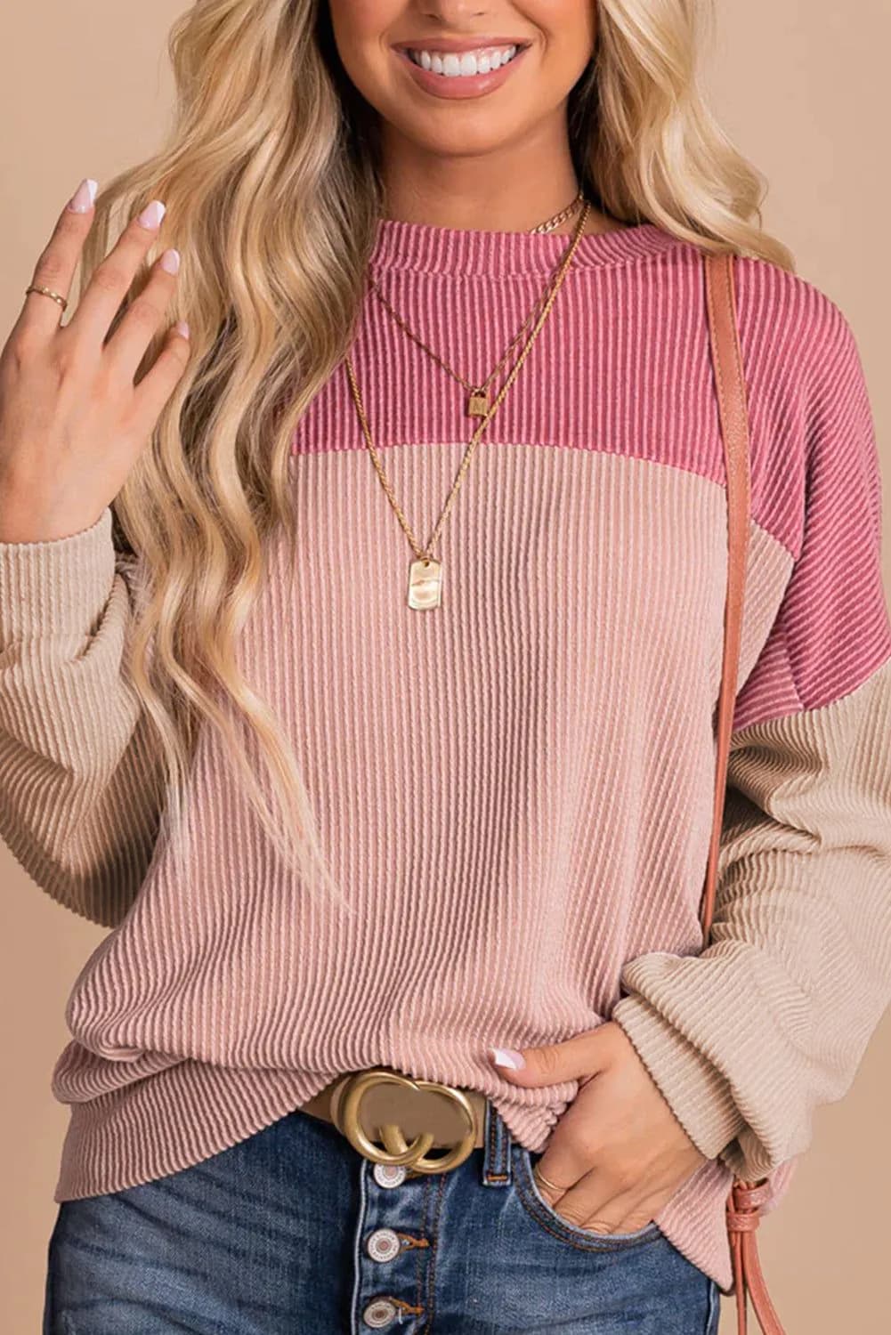 image-Pink Color Block Long Sleeve Ribbed Loose Top