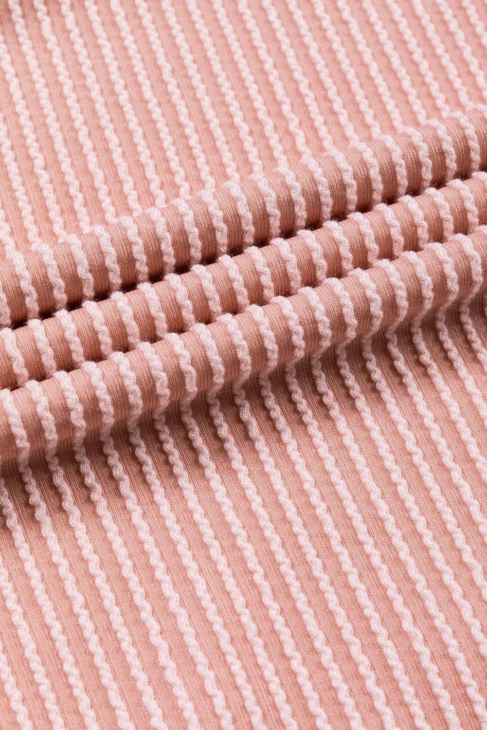 image-Pink Color Block Long Sleeve Ribbed Loose Top