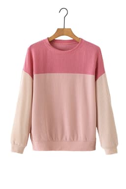 image-Pink Color Block Long Sleeve Ribbed Loose Top