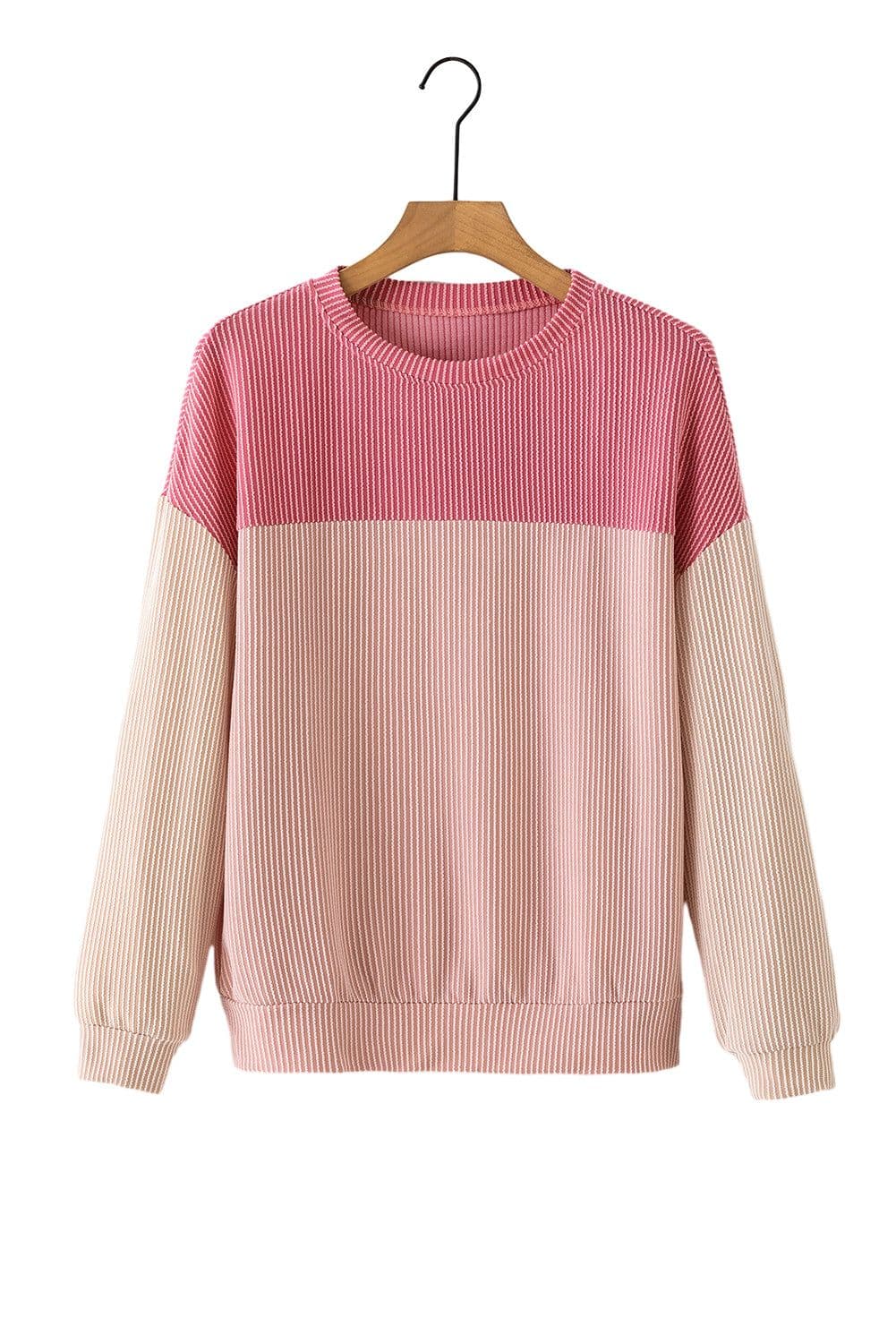 image-Pink Color Block Long Sleeve Ribbed Loose Top