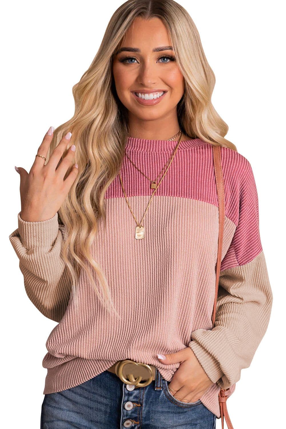 image-Pink Color Block Long Sleeve Ribbed Loose Top