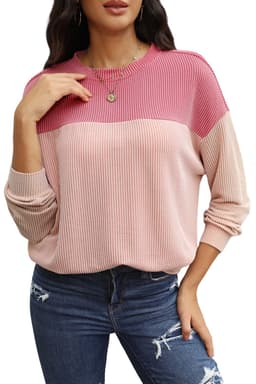 image-Pink Color Block Long Sleeve Ribbed Loose Top