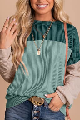 image-Pink Color Block Long Sleeve Ribbed Loose Top