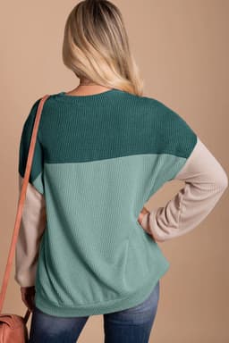 image-Pink Color Block Long Sleeve Ribbed Loose Top