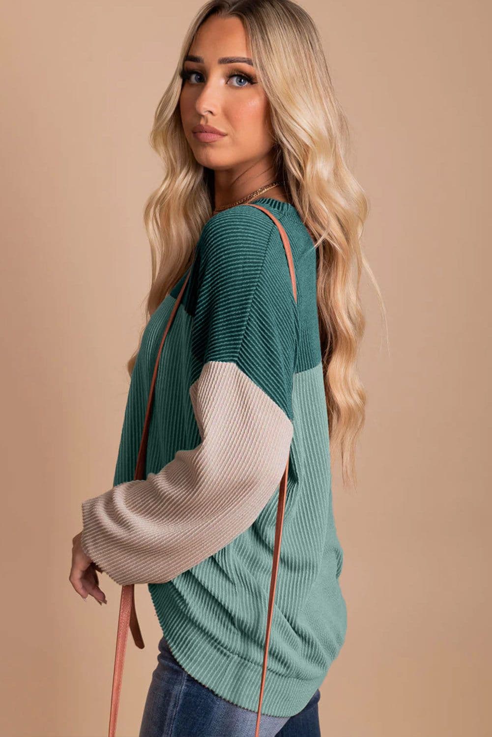 image-Pink Color Block Long Sleeve Ribbed Loose Top