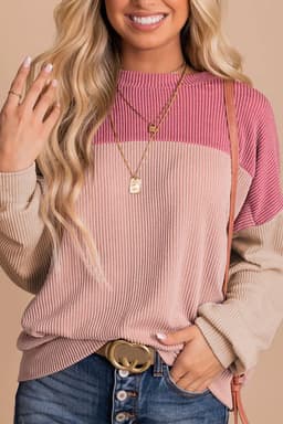 image-Pink Color Block Long Sleeve Ribbed Loose Top