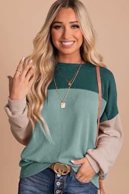 image-Pink Color Block Long Sleeve Ribbed Loose Top
