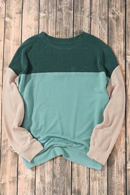 image-Pink Color Block Long Sleeve Ribbed Loose Top
