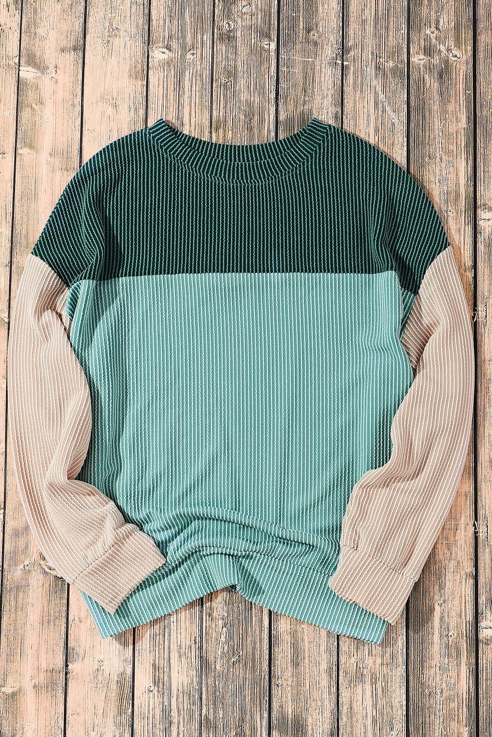 image-Pink Color Block Long Sleeve Ribbed Loose Top