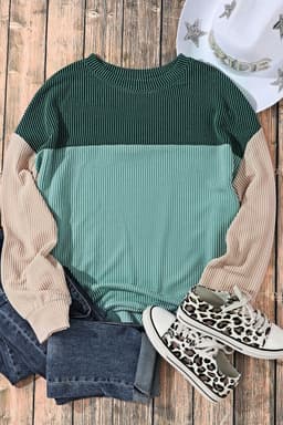 image-Pink Color Block Long Sleeve Ribbed Loose Top