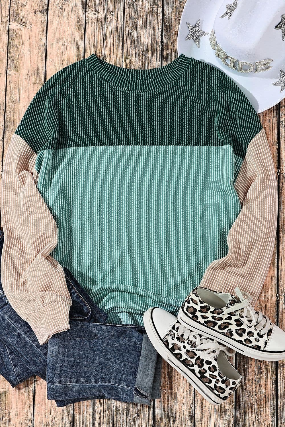 image-Pink Color Block Long Sleeve Ribbed Loose Top