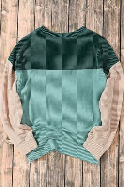 image-Pink Color Block Long Sleeve Ribbed Loose Top