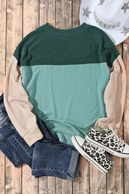 image-Pink Color Block Long Sleeve Ribbed Loose Top