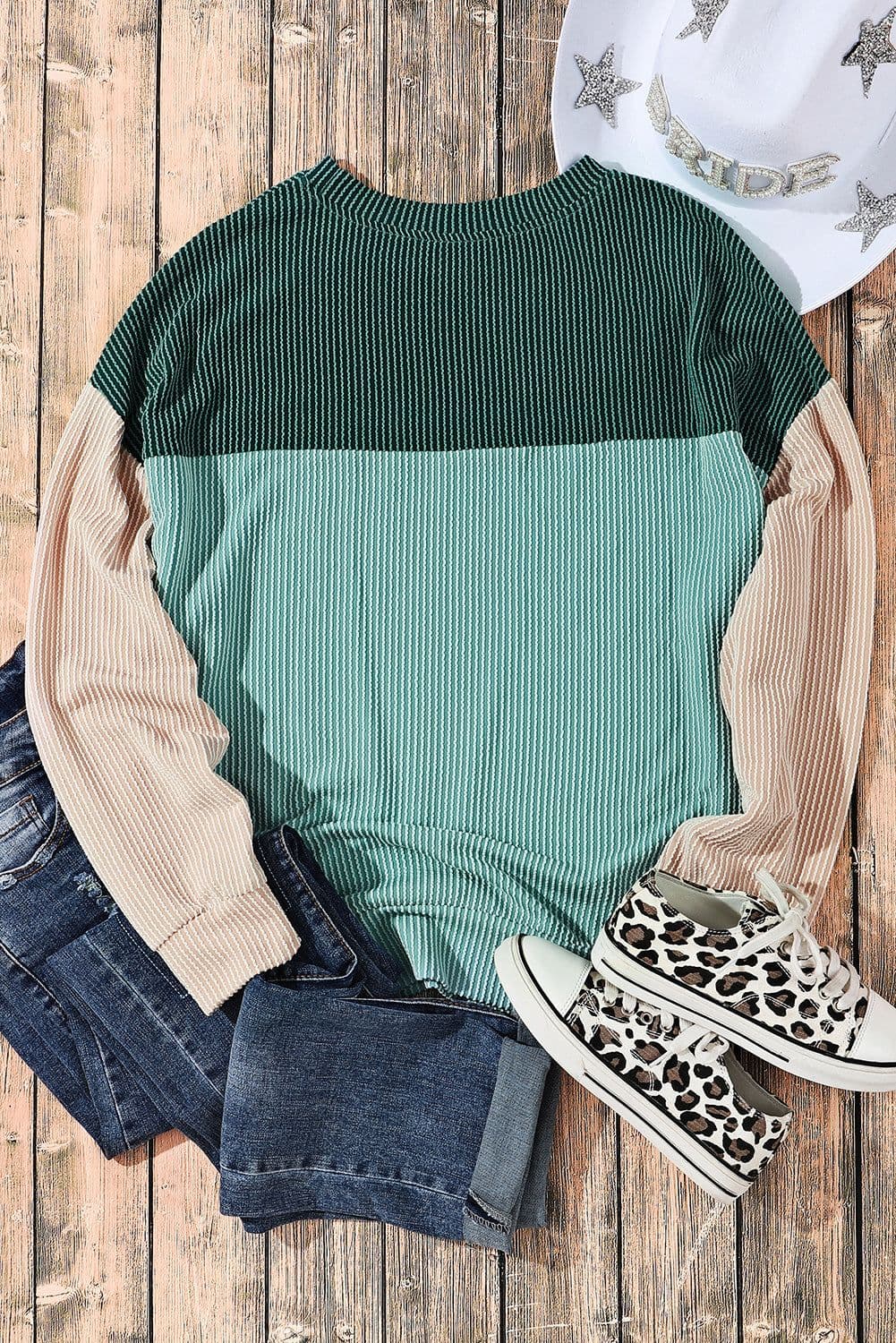 image-Pink Color Block Long Sleeve Ribbed Loose Top