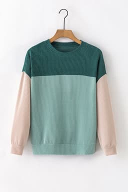 image-Pink Color Block Long Sleeve Ribbed Loose Top