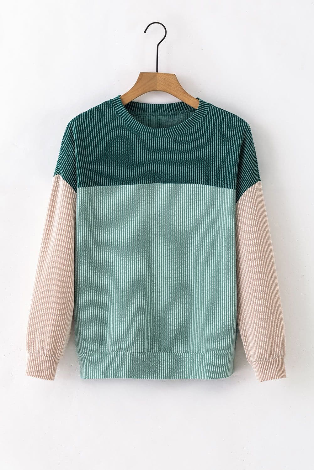 image-Pink Color Block Long Sleeve Ribbed Loose Top