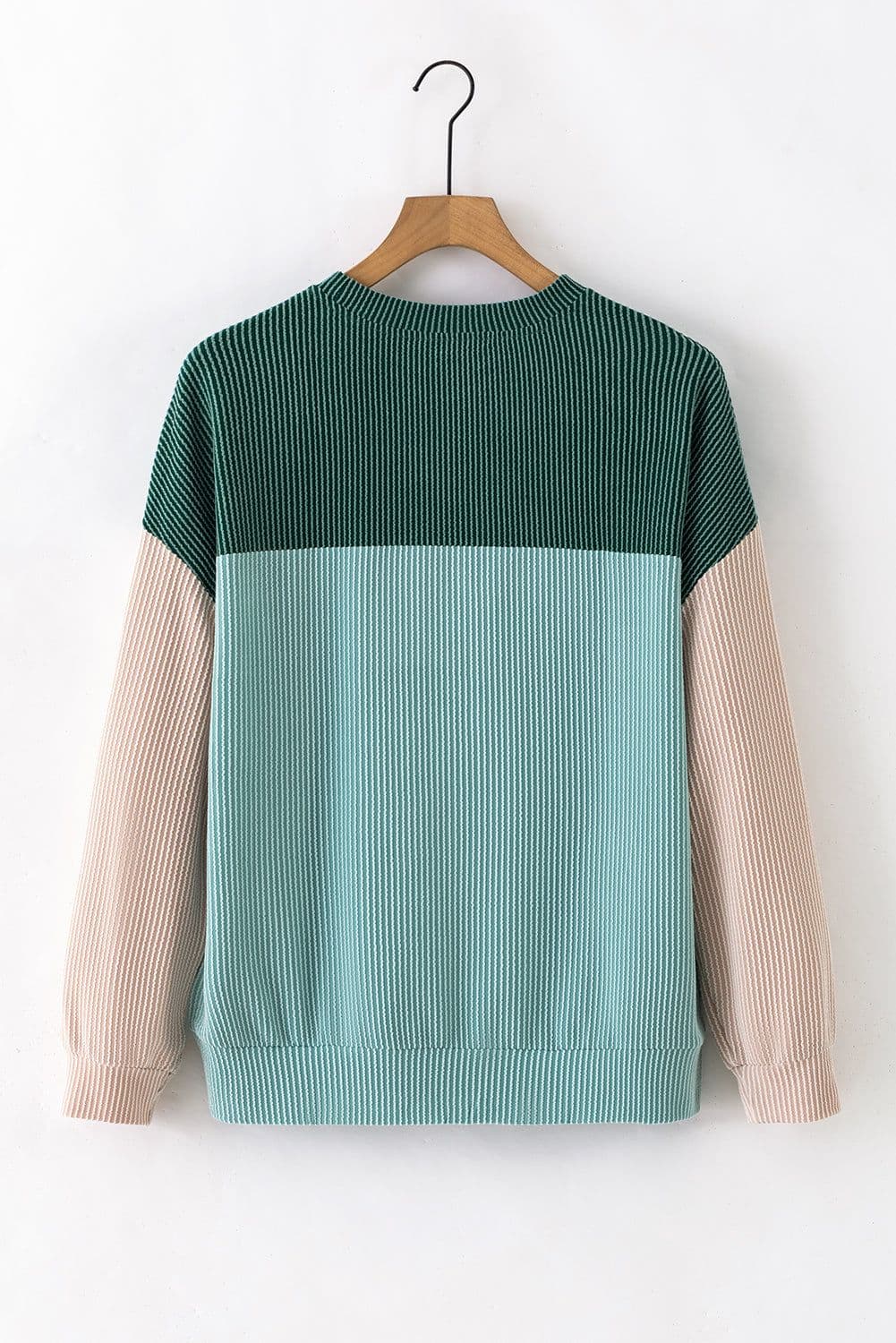 image-Pink Color Block Long Sleeve Ribbed Loose Top