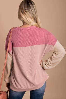 image-Pink Color Block Long Sleeve Ribbed Loose Top