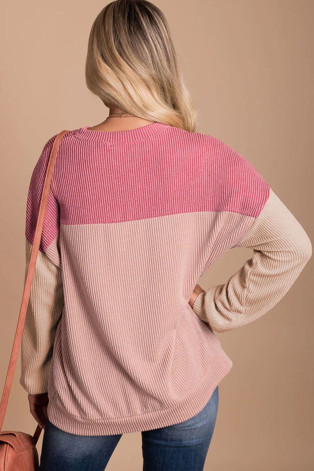 image-Pink Color Block Long Sleeve Ribbed Loose Top
