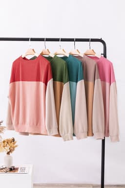 image-Pink Color Block Long Sleeve Ribbed Loose Top