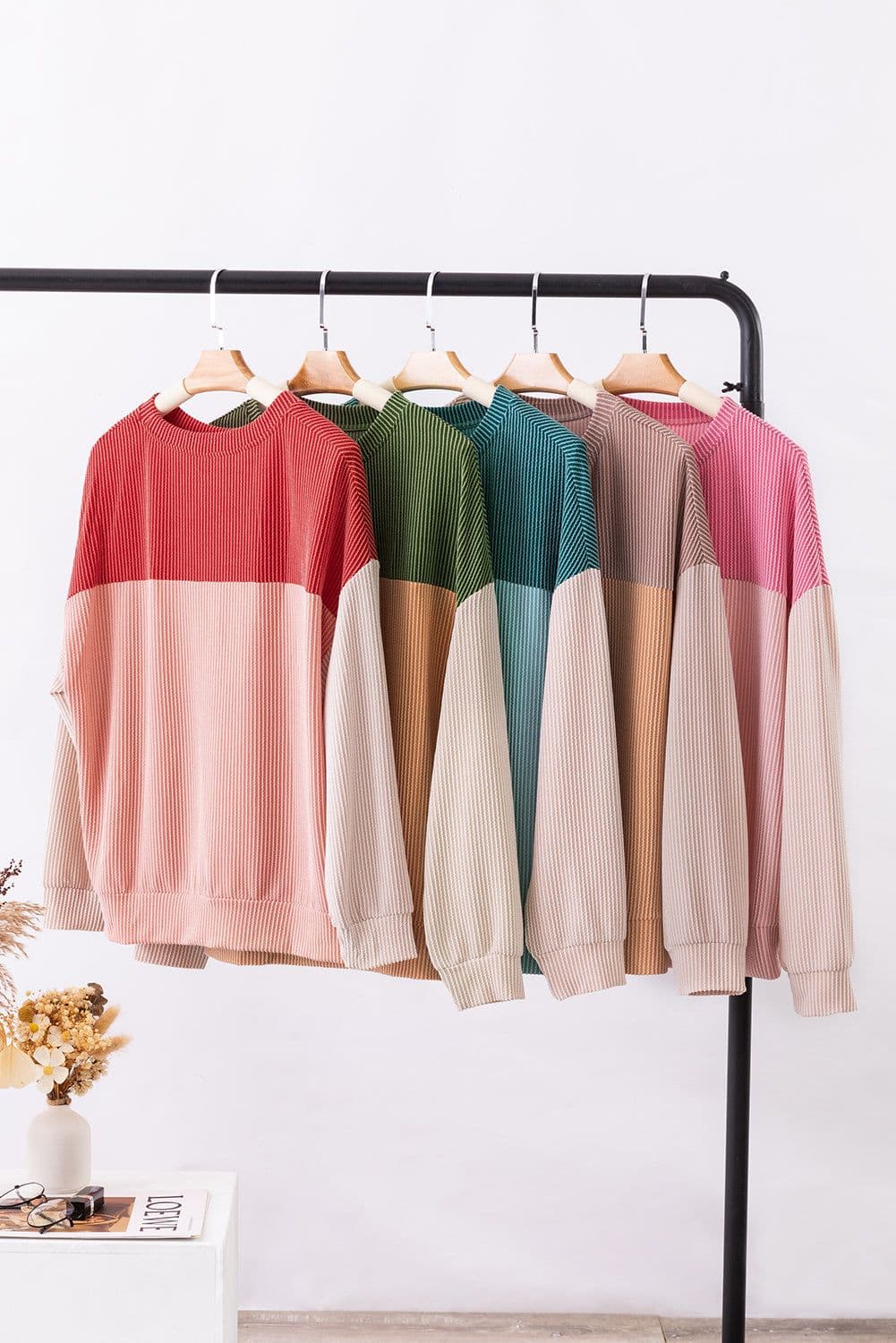 image-Pink Color Block Long Sleeve Ribbed Loose Top