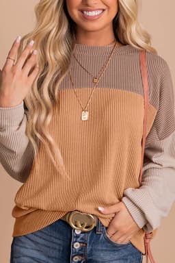 image-Pink Color Block Long Sleeve Ribbed Loose Top