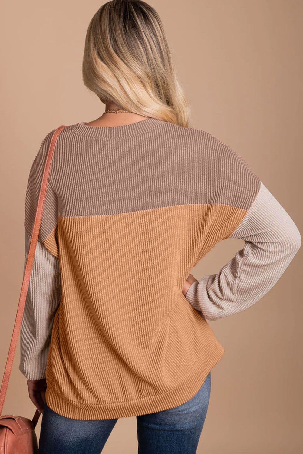 image-Pink Color Block Long Sleeve Ribbed Loose Top