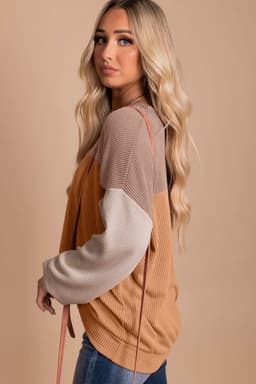 image-Pink Color Block Long Sleeve Ribbed Loose Top