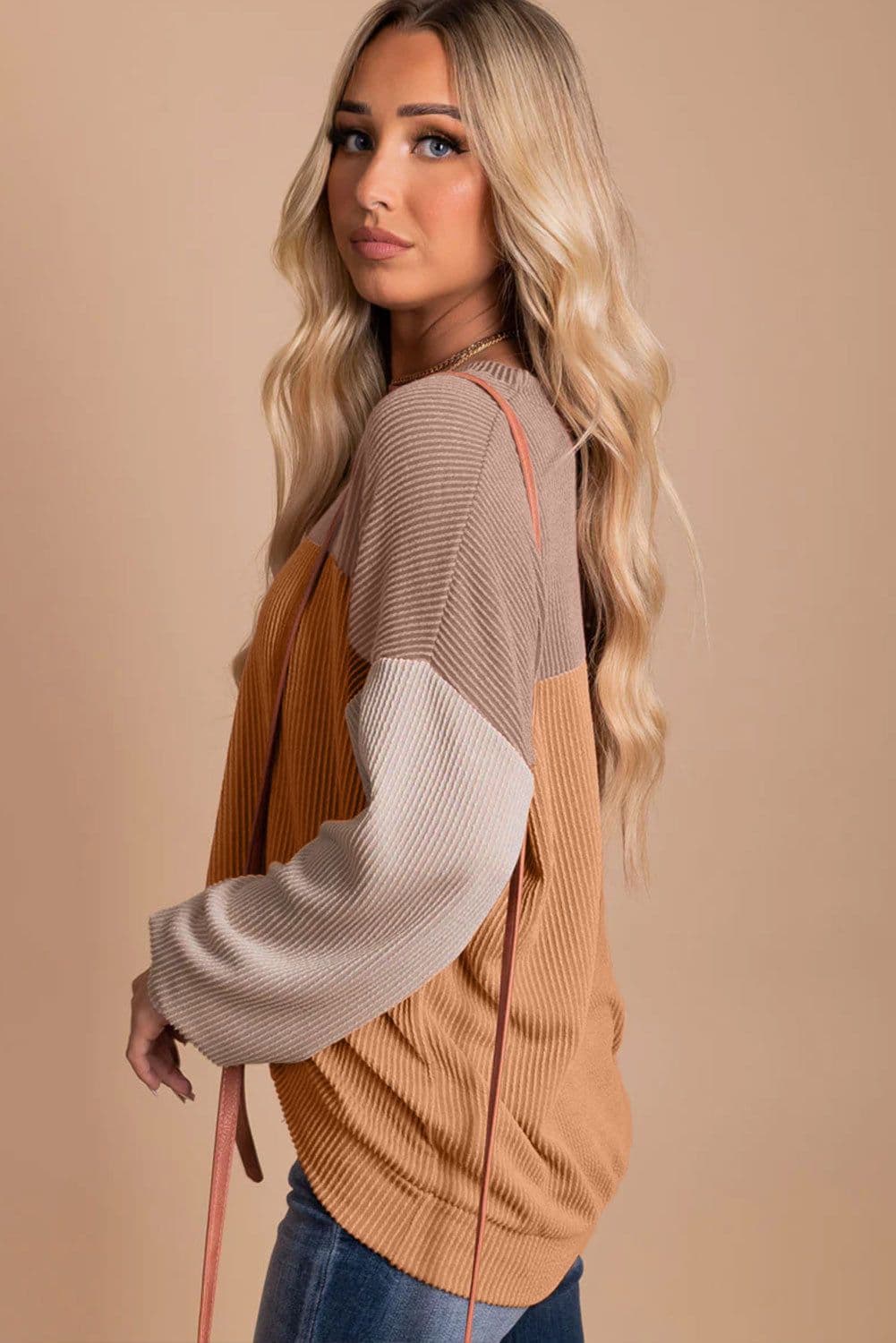 image-Pink Color Block Long Sleeve Ribbed Loose Top