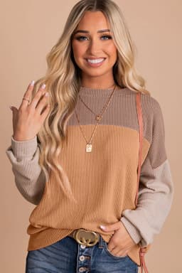 image-Pink Color Block Long Sleeve Ribbed Loose Top