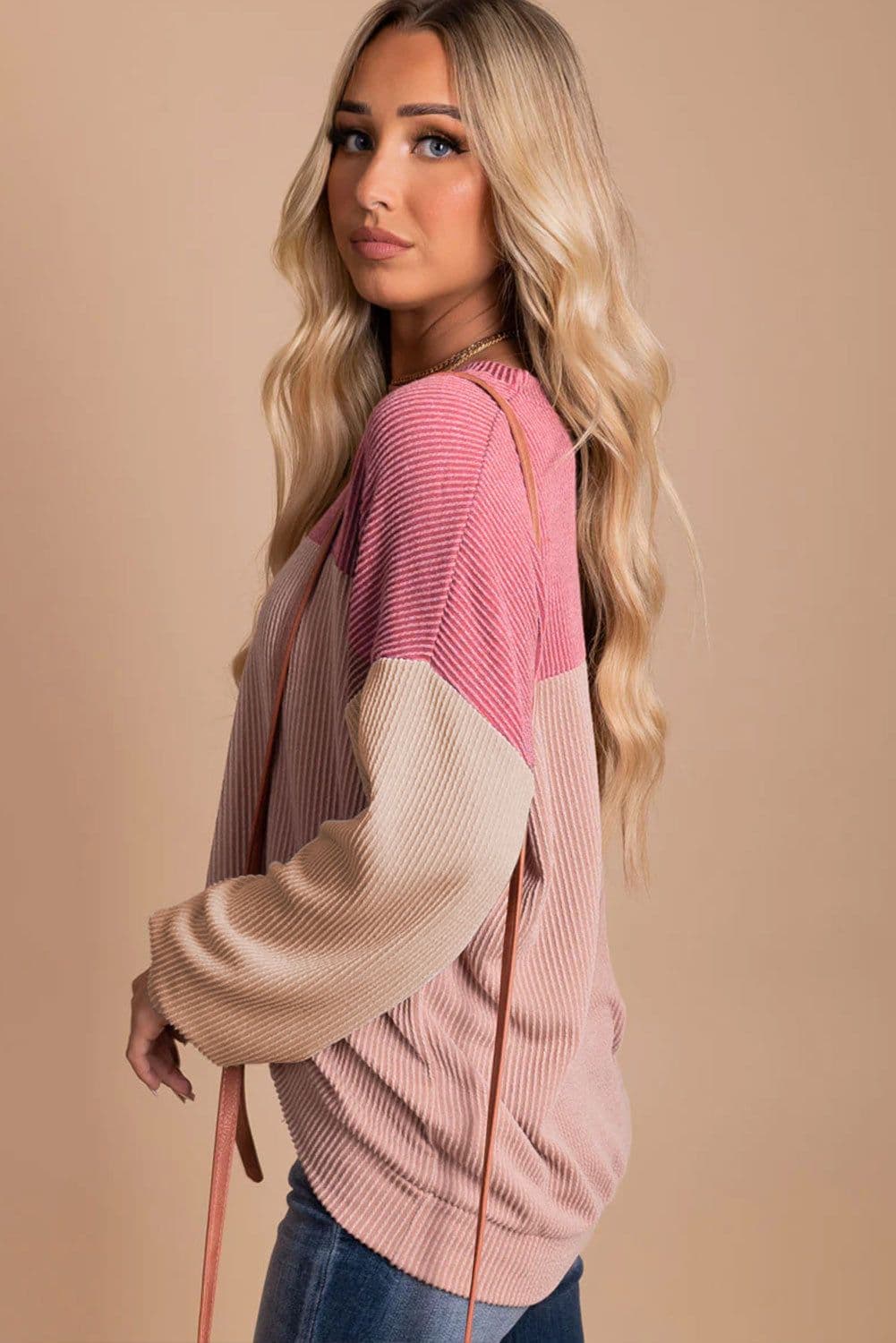 image-Pink Color Block Long Sleeve Ribbed Loose Top