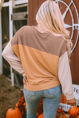 image-Pink Color Block Long Sleeve Ribbed Loose Top