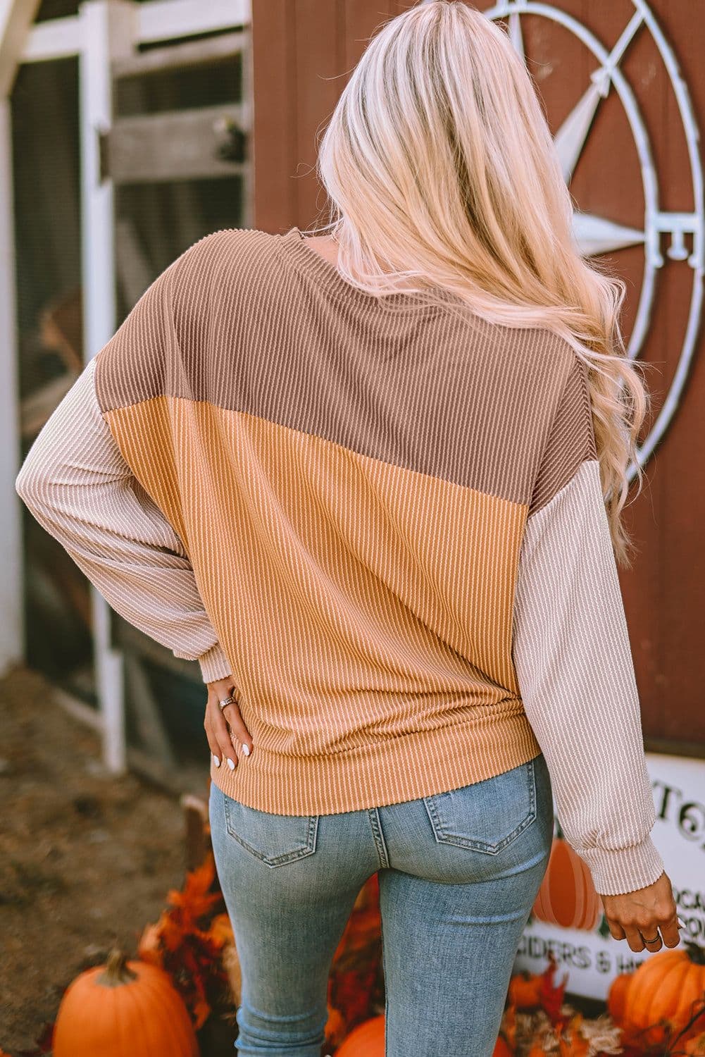 image-Pink Color Block Long Sleeve Ribbed Loose Top