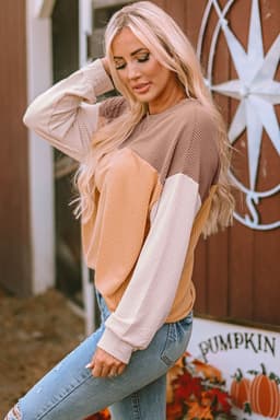 image-Pink Color Block Long Sleeve Ribbed Loose Top