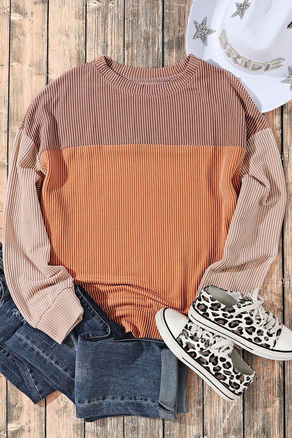 image-Pink Color Block Long Sleeve Ribbed Loose Top