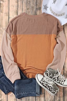 image-Pink Color Block Long Sleeve Ribbed Loose Top