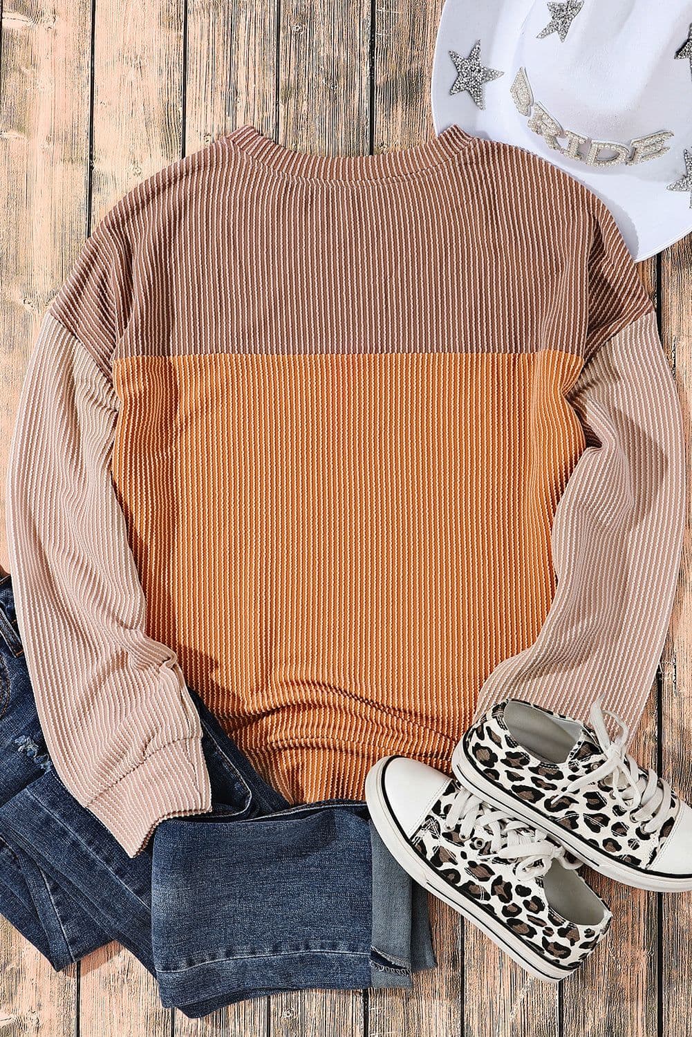 image-Pink Color Block Long Sleeve Ribbed Loose Top