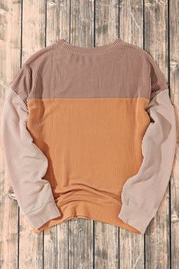 image-Pink Color Block Long Sleeve Ribbed Loose Top