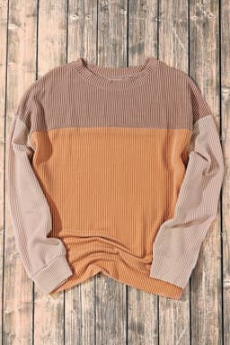 image-Pink Color Block Long Sleeve Ribbed Loose Top