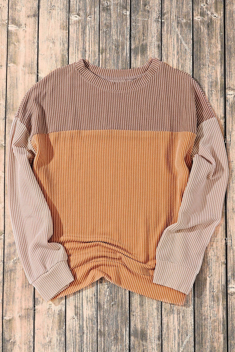 image-Pink Color Block Long Sleeve Ribbed Loose Top
