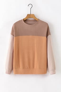 image-Pink Color Block Long Sleeve Ribbed Loose Top