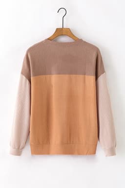 image-Pink Color Block Long Sleeve Ribbed Loose Top