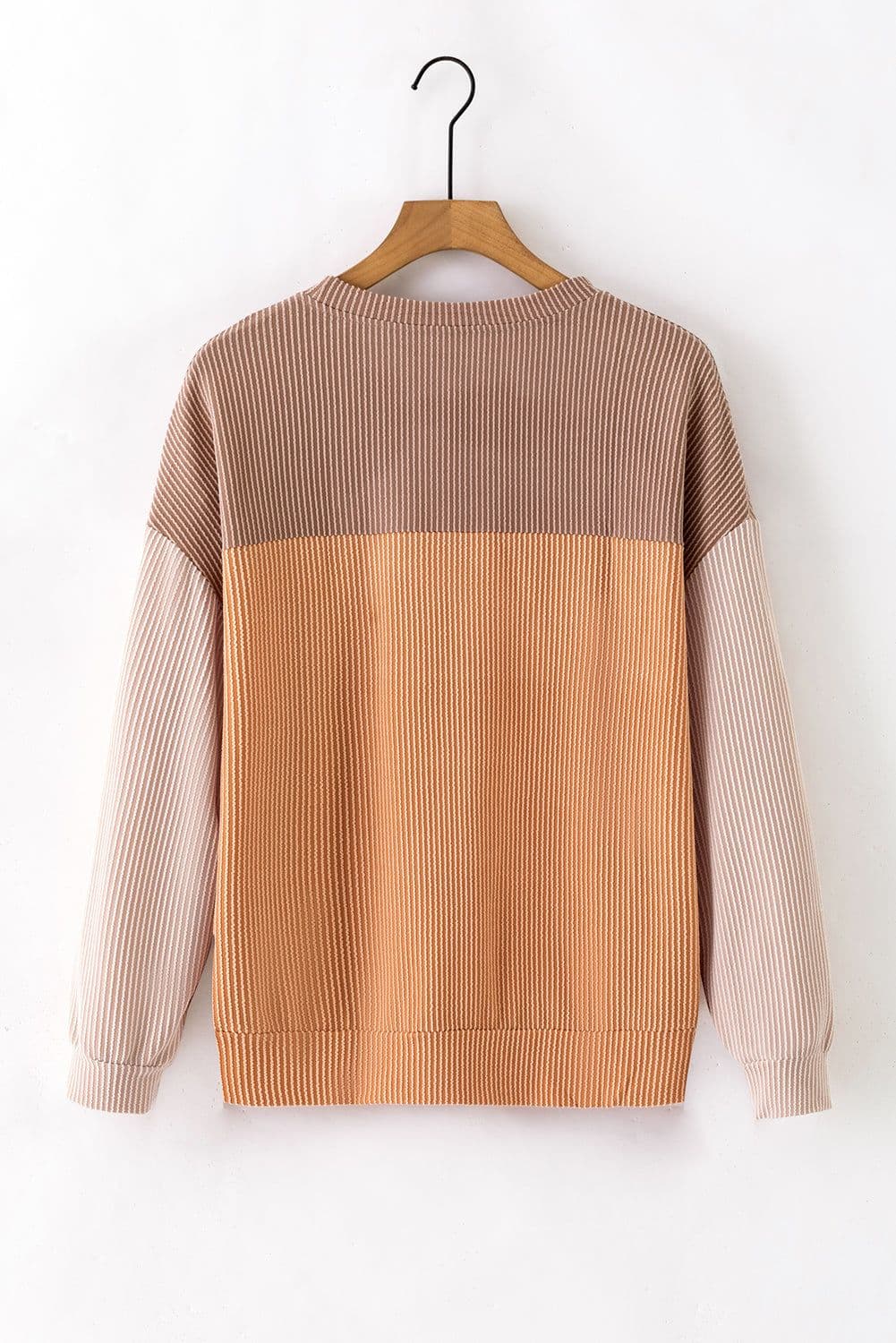 image-Pink Color Block Long Sleeve Ribbed Loose Top