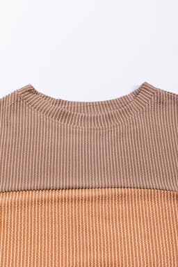 image-Pink Color Block Long Sleeve Ribbed Loose Top